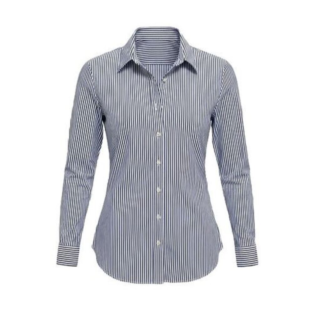 The Shirt by Rochelle Behrens Navy and White Striped Button-Down Shirt